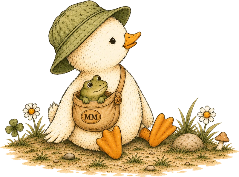 Moss looks up at Muddle as they sit together in the grass