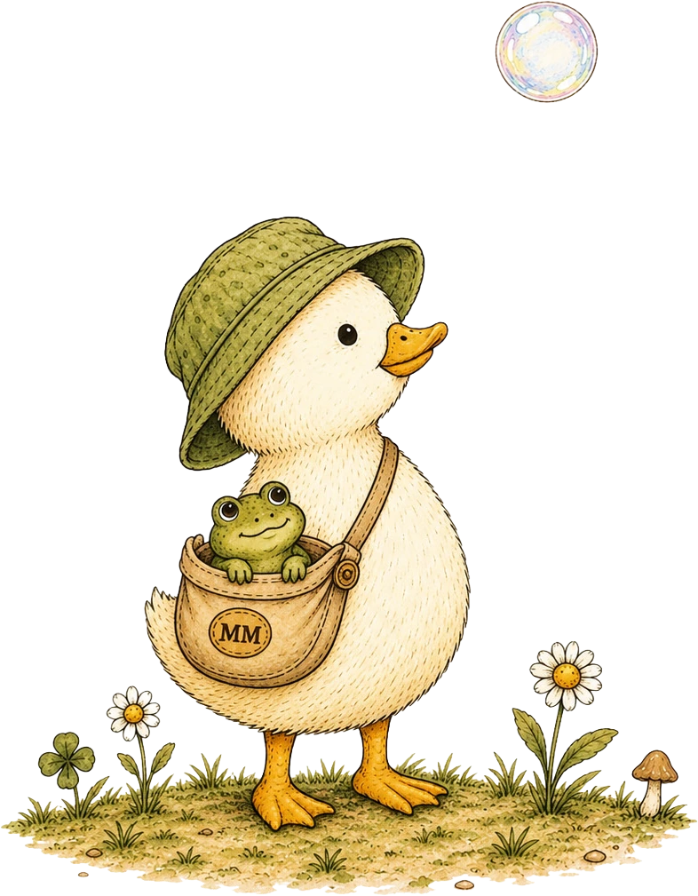 Muddle in his olive green hat with Moss in his pouch, watching a floating bubble